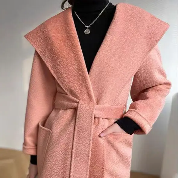 

Hooded water ripple double-sided cashmere coat full wool bathrobe lace-up pink premium woolen coat women