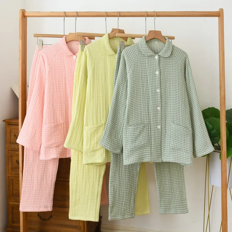 

Весенне-осенние женские повседневные пижамные комплекты, женский хлопковый костюм для сна, женский кардиган с длинными рукавами, рубашка и брюки, домашняя клетчатая одежда