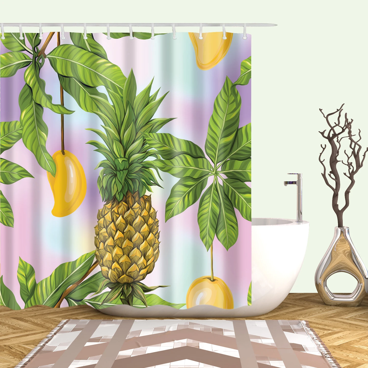 Mango Pineapple Printed Shower Curtain Tropical Fruit Bathroom Decor Waterproof