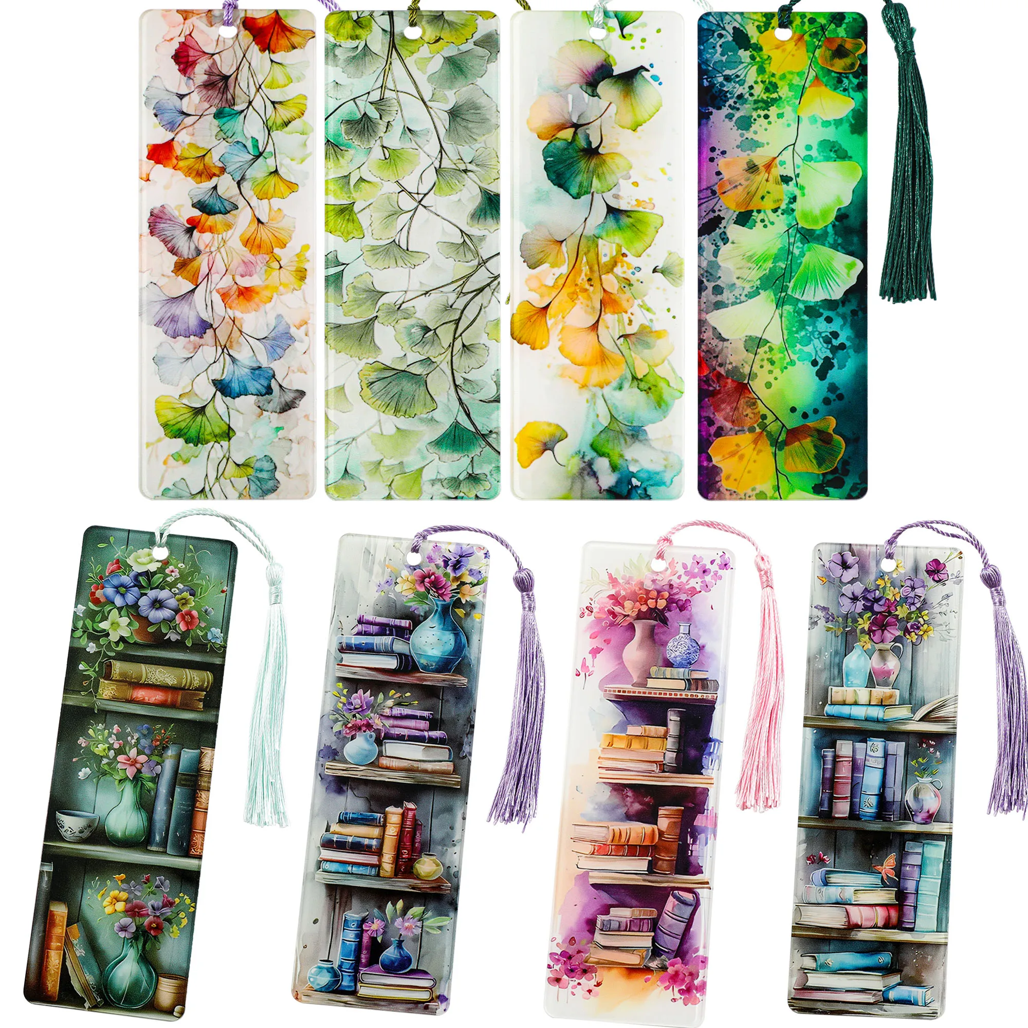 Watercolor Bookmarks Acrylic Artistic Flower & Ginkgo Leaf Page Markers with Tassel, Creative Gift for Readers, Decorative Stati