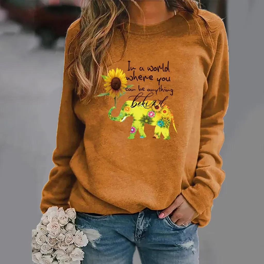 أمازون ايباي سريع البيع محطة مستقلة الفيل عباد الشمس الطباعة طويلة الأكمام جولة الرقبة البلوز المرأة طاقم الرقبة ثي #3