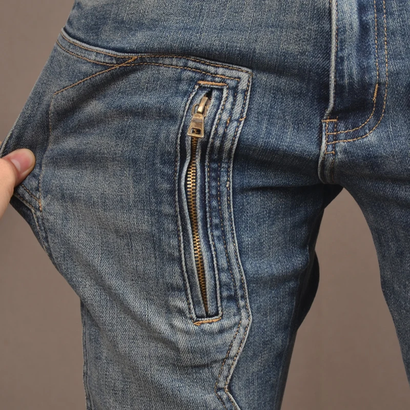 Jean Déchiré Slim Rétro Bleu pour Homme, Pantalon de Motard en Denim, Style Hip Hop, à la Mode, FjZipper