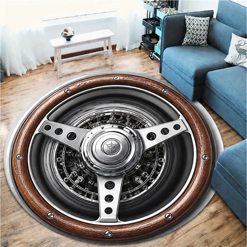 Theme Round Rug for Living Room Floor Mat Home Decor Tire Jet Engine Car Rim Steering Wheel Metal Gear Pattern Print Indoor
