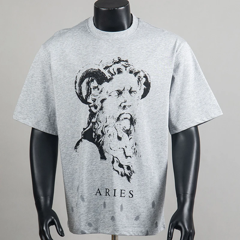 Summer Saint Short Sleeve Streetwear American Vintage Aries Print Cotton Loose Fit Minimalist T-Shirt Men Women