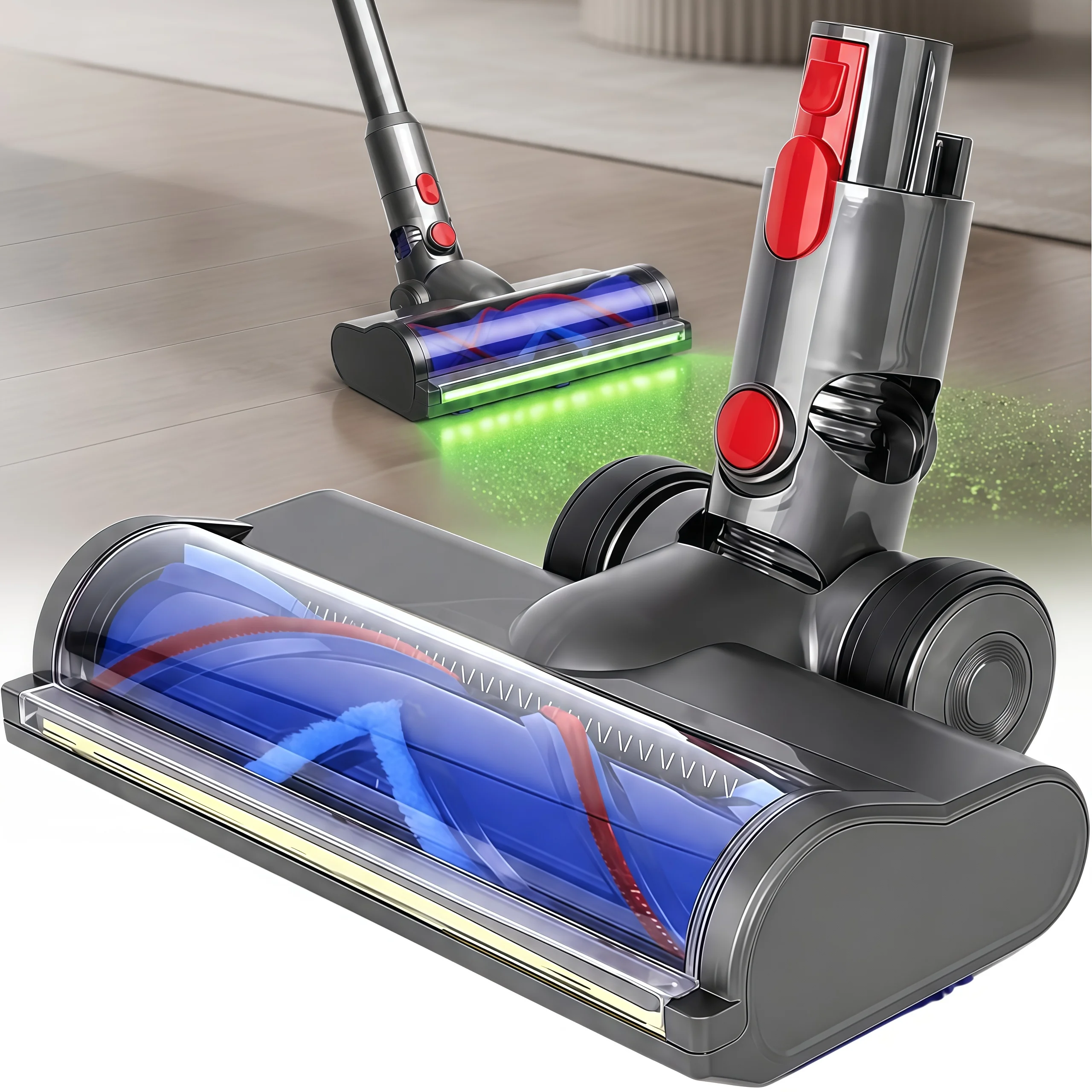 V-shaped Direct Drive Roller Brush Head for Dyson Cordless Vacuum Cleaner V7/V8/V10/V11/V15 - with LED Green Dust Light
