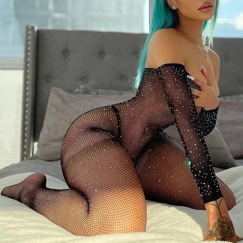 جديد لامعة حجر الراين Bodystockings مثير الملابس الداخلية النساء شبكة صيد السمك ارتداءها الدانتيل الملابس الداخلية المثيرة وتتسابق موضة مثير القمم نادي مجموعة