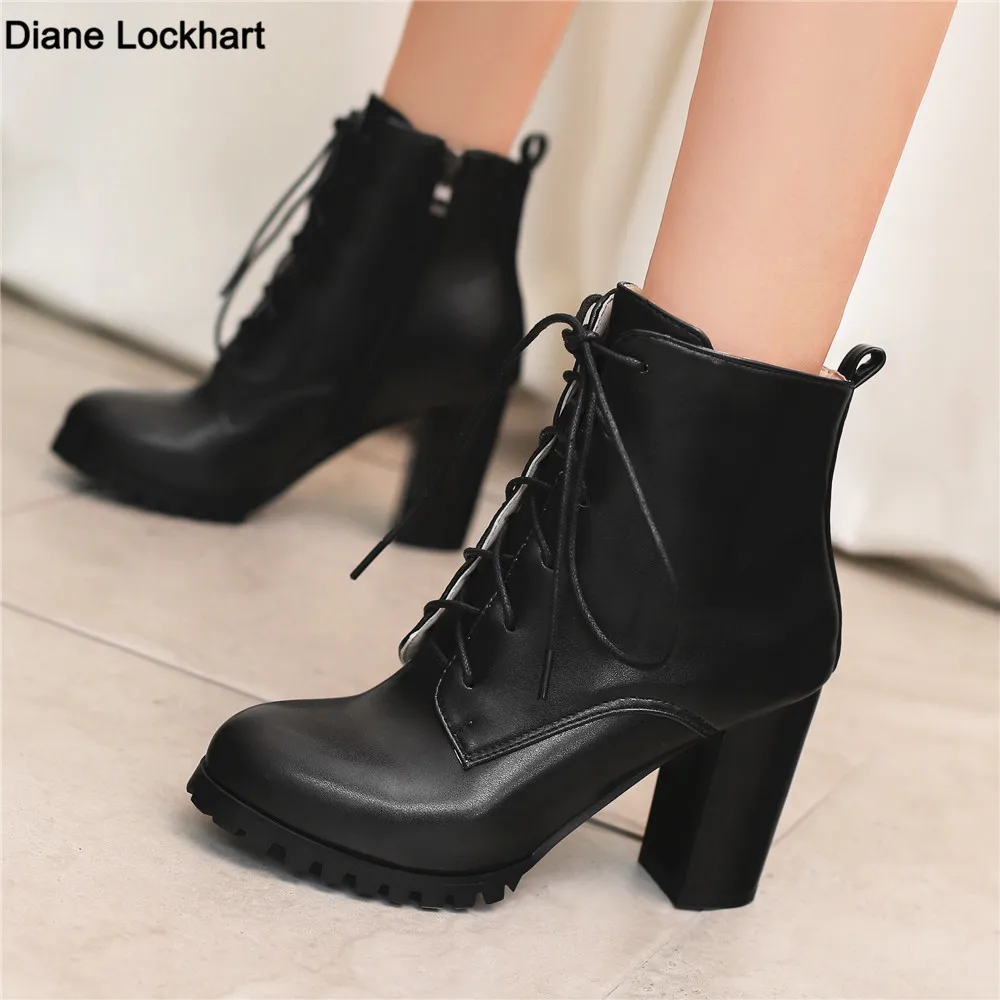 

Fashion Ankle Boots For Women Winter Shoes Block High Heels Lace-up Women's Short Boot Black White Silver Large size 45 46 47 48