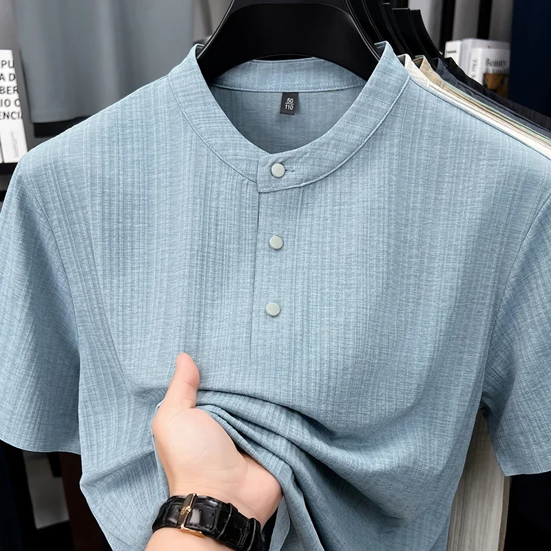 Men's Linen Texture Henley T Shirt With Mandarin Collar Breathable Fabric Short Sleeve For Business And Daily Wear