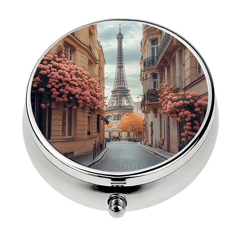 Single pack, flat, round three-compartment box, designed with a circular pattern inspired by the Eiffel Tower, a multifunctional metal box, its unique design is perfect for outdoor travel and office medication reminders