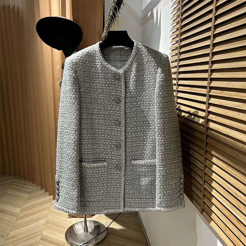 

Women Tweed Jacket 2023 Autumn Winter French Small Fragrance Gray Tweed Crewneck Lurex Wool Coat Women's Outwear