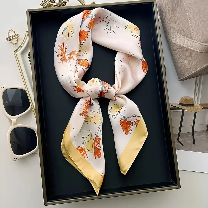 27.6インチ エレガントな花柄プリント スクエアスカーフ ソフトサテンネックスカーフ ファッションアクセサリー プロフェッショナル 多用途 小さなスカーフ