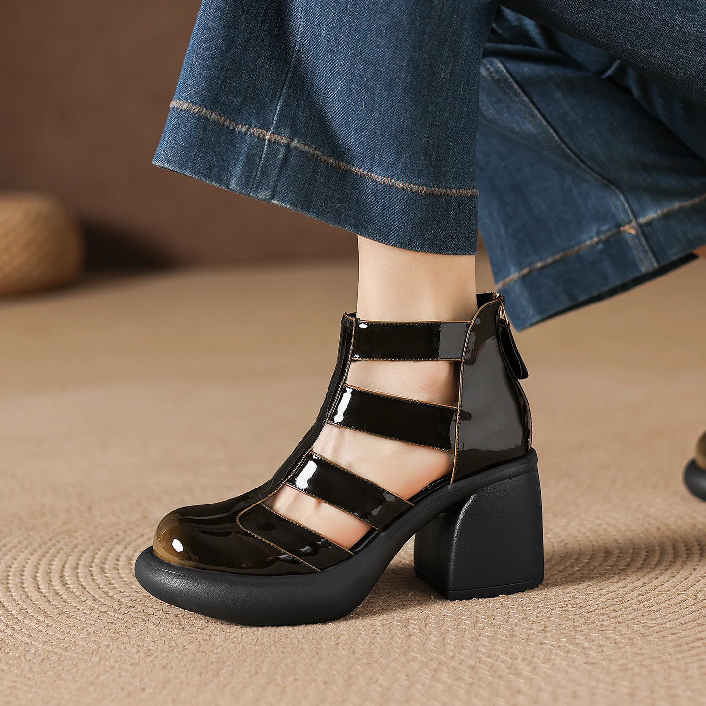 Genuine Leather Cowhide Patent Leather Women's Sandals,Hollow out Platform Women Shoes, Fashion High Heels view 4