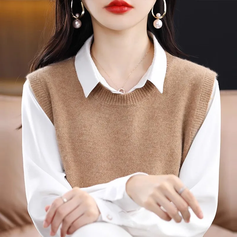 

Spring Autumn 2023 Women's Knitted Wool Vest Thin Outerwear Small oulder Pad Staable Inner Wear Vest Top