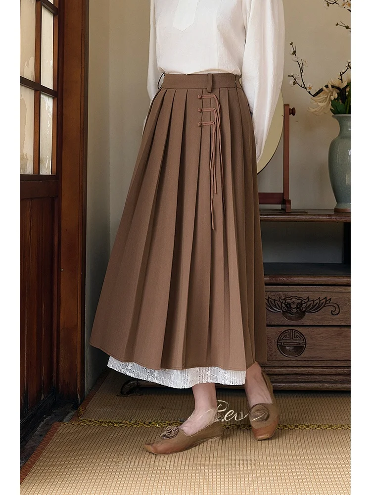 

New Chinese Style Half-length Pleated Skirt Women's Autumn Winter Long Dress SimpleRetro Flowing Dream with Button Detail