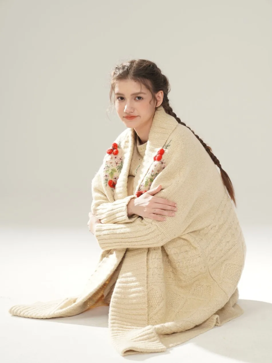 

Handmade Embroidered Fruit Series Warm Cardigan Coat Large Sweater Soft French Sle Loose Fit Long Sve mid Length Coat