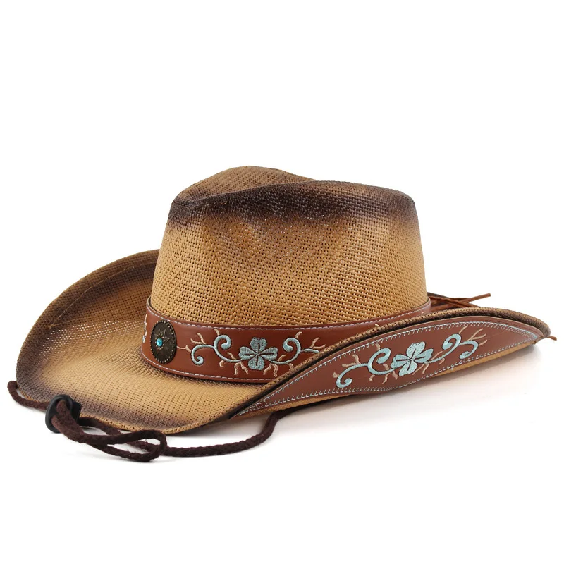 

Retro Embroidered Leather Band Women Men Unisex Straw Wide Brim Outdoor Beach Cowboy Cowgirl Western Sun Hat Sunscreen