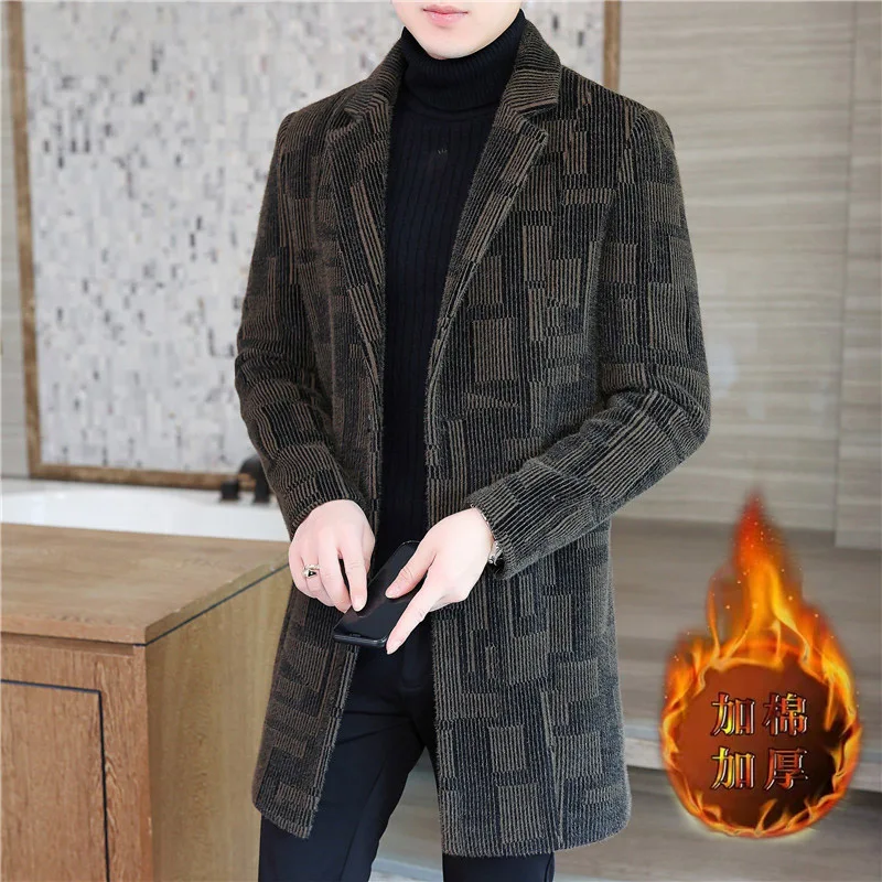 

2024 High Quality Men's Fashion Handsome Wool Mid-length Coat New Plus Cotton Heavy Woolen Coat Men Casual Everything