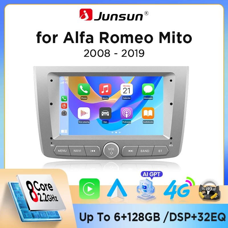 Autoradio Android Junsun per Alfa Romeo Mito 2008 2009 2010 2011 2012 7" IPS HD Touch, Autoradio Multimediale con CarPlay Wireless, Android Auto, Sistemi Intelligenti Smart, GPS, Navigazione,