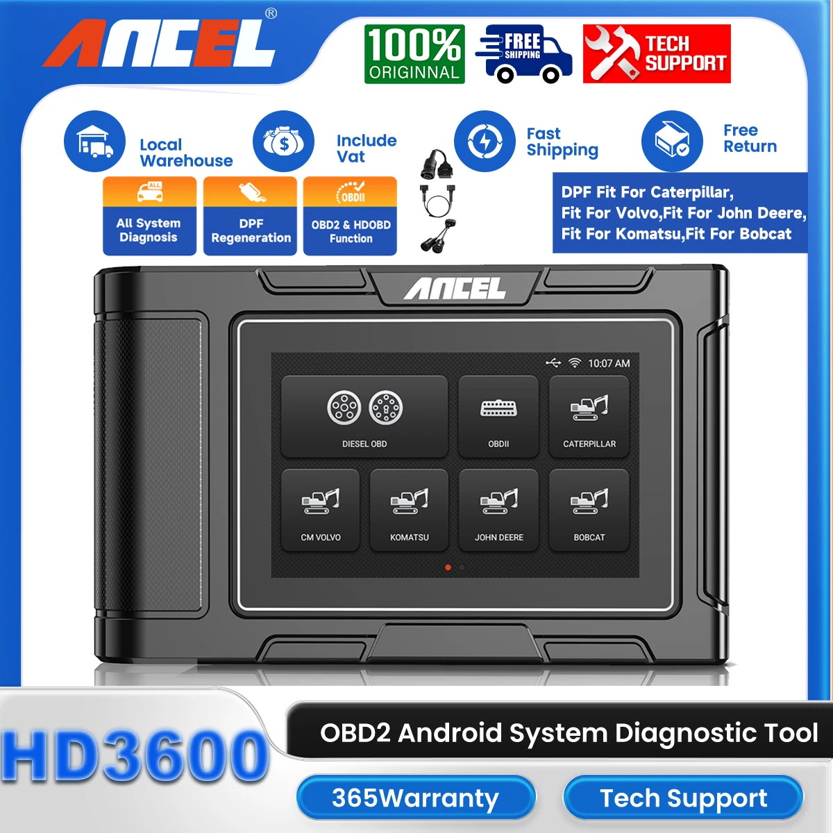 ANCEL HD3600 Heavy Equipment Diagnostic Tool with Full System DPF Regen Code Reader Card Agricultural Machinery Testing Scanner