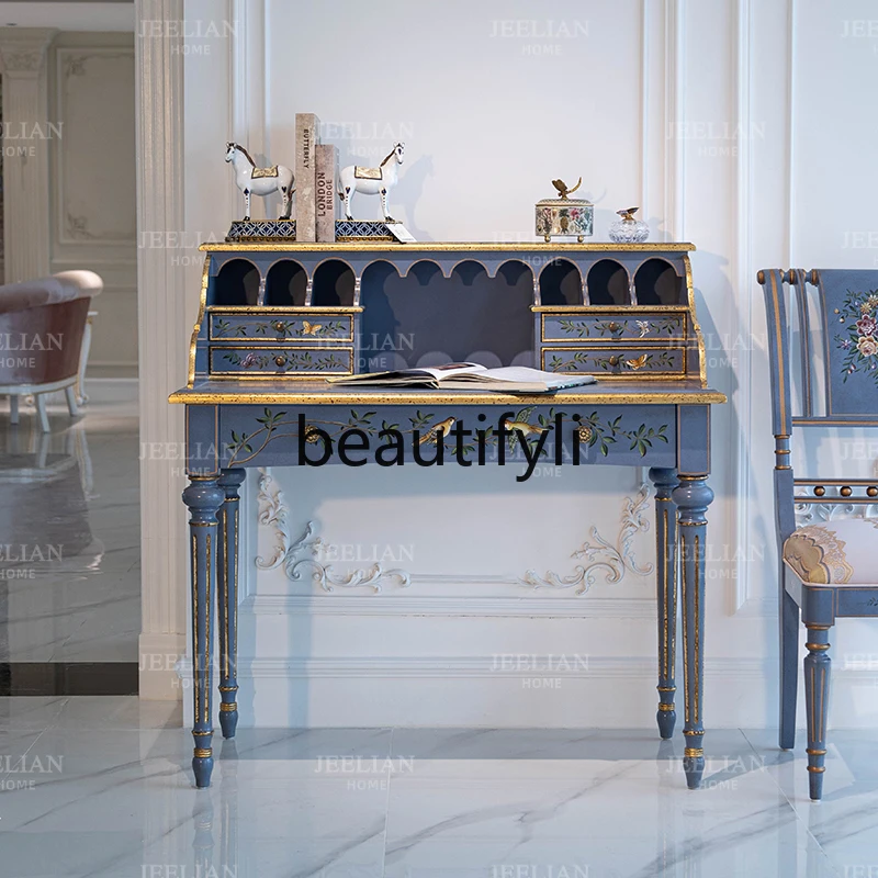 

Solid wood birch European neoclassical painting five buckets with drawers green blue writing desk