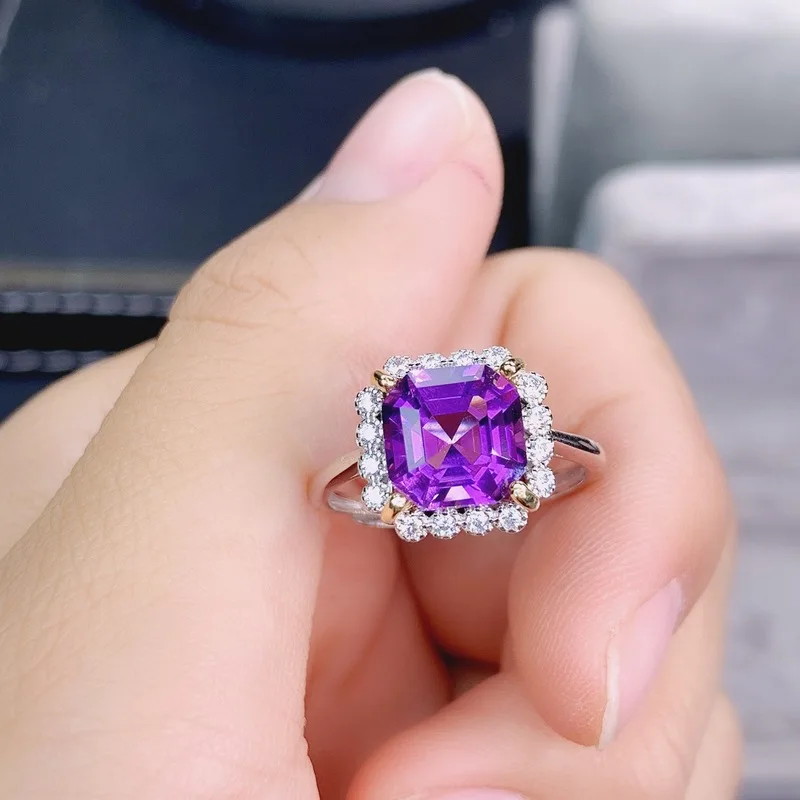 Simple and fashionable princess round diamond purple crystal 925 sterling silver women's engagement ring - anniversary jewelry