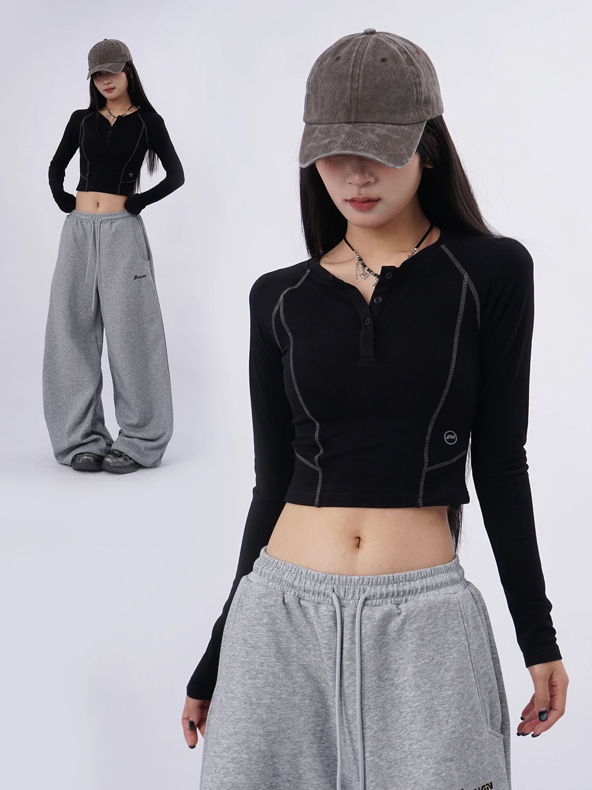 

Футболка с вышивкой Hassel Long Sve, женская футболка ort Fit Design, базовый слой Spor, танцевальный топ с воротником Генри, облегающая танцевальная одежда