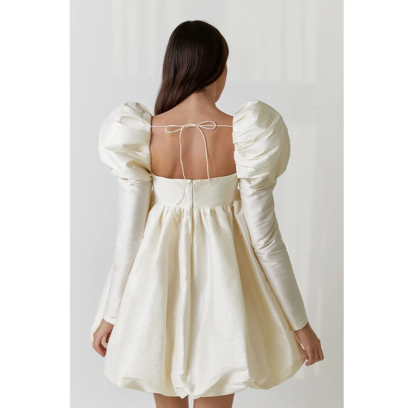 Puff Sleeve Satin Lace Up Mini Princess Dress Small Long Sleeve Draped Square Neck Palace Style Dress Women Classy Temperament