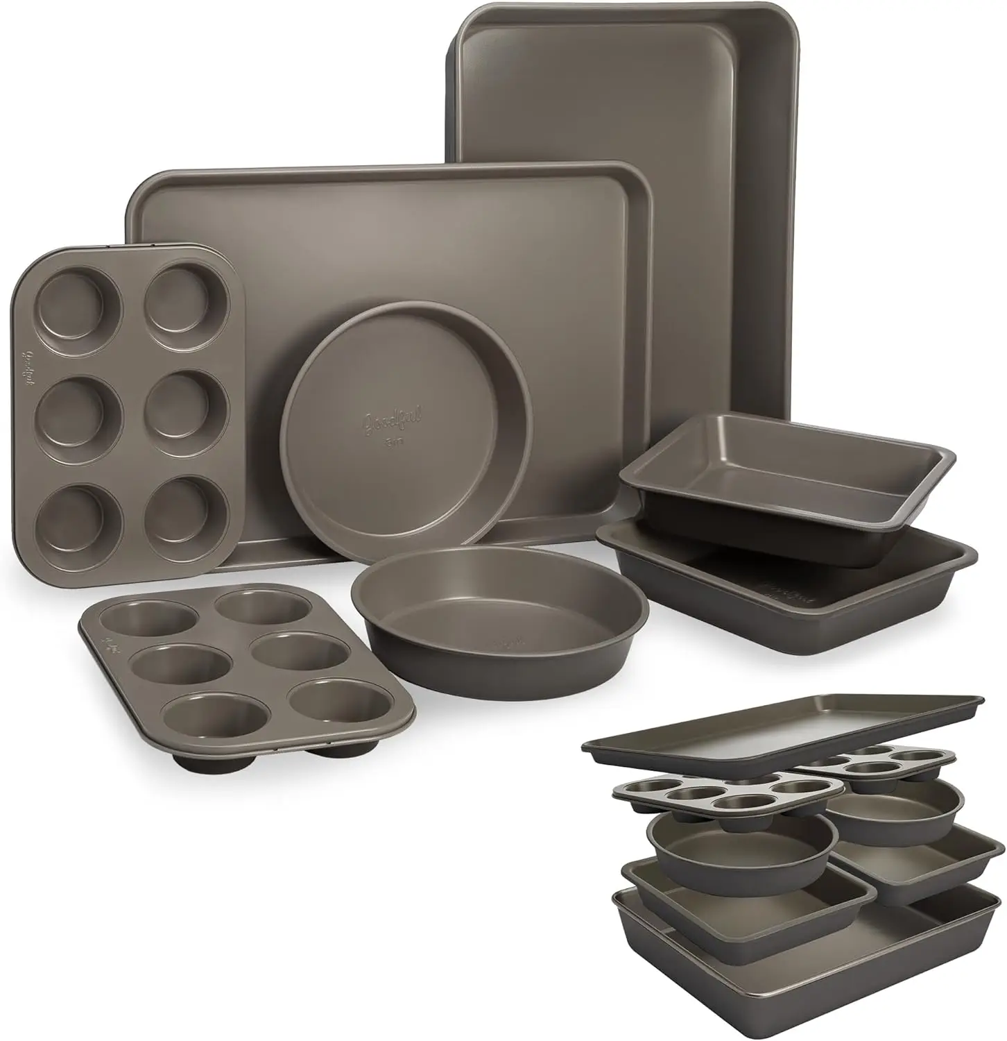 

All-In-One Nonstick Bakeware Set, Stackable and Space Saving Design includes Round and Square Pans, Muffin Pans, Cookie Sheet