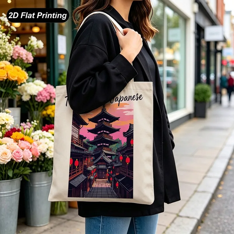 1PC【Tote Bag】-style traditional architecture red print large-capacity tote bag，Suitable shopping、Daily Commute、