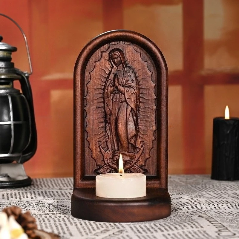 Wood Carving Artwork Guadalupe Candle Holder—Solid Wood Carved Home Decor, Creative Table Top Ornament