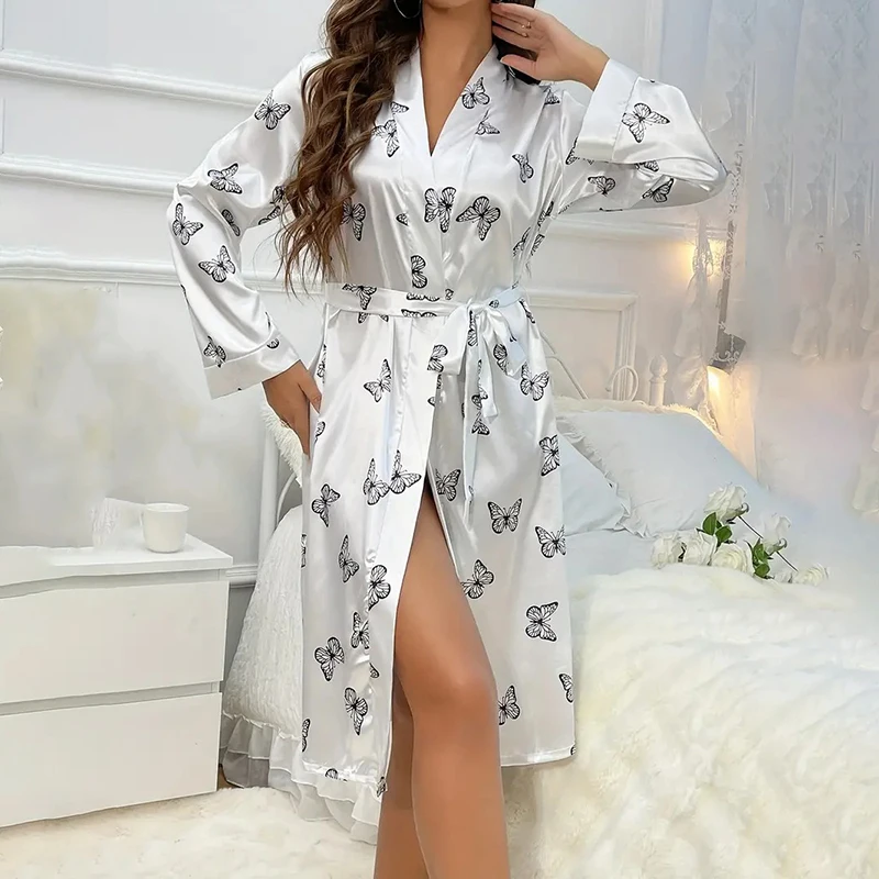 Women\'s Satin Nightdress Kimono Robes Bathrobes Sexy Sleepwear V Neck Long Sleeve Pajamas Loose Nightgowns Nightie Pyjama Female