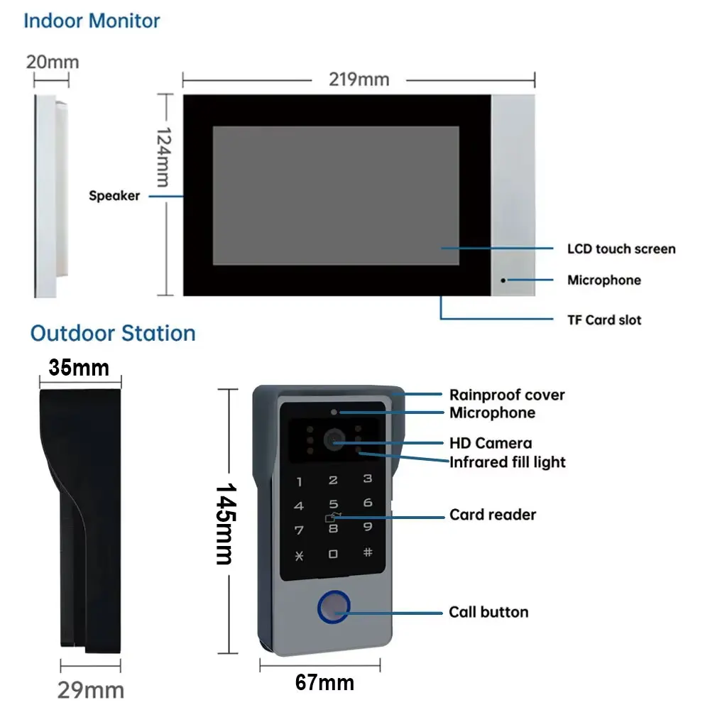 2 Wire Smart Tuya Wifi 1080P Video Intercom Video Door Phone 7\'\' Color Touch Screen with Password IC Card Unlock Security System