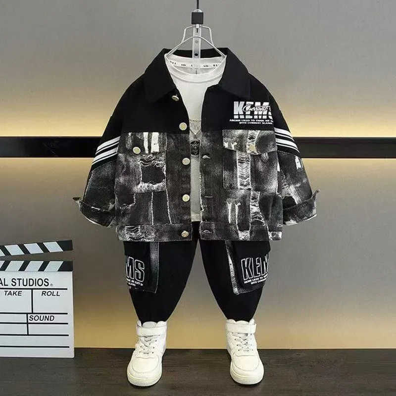 

Teenage Boys Denim Set 2025 New Spring Autumn Children's Fashion Coat+Jeans Boy Kid Casual Loose Two Piece Set Kids Outfits
