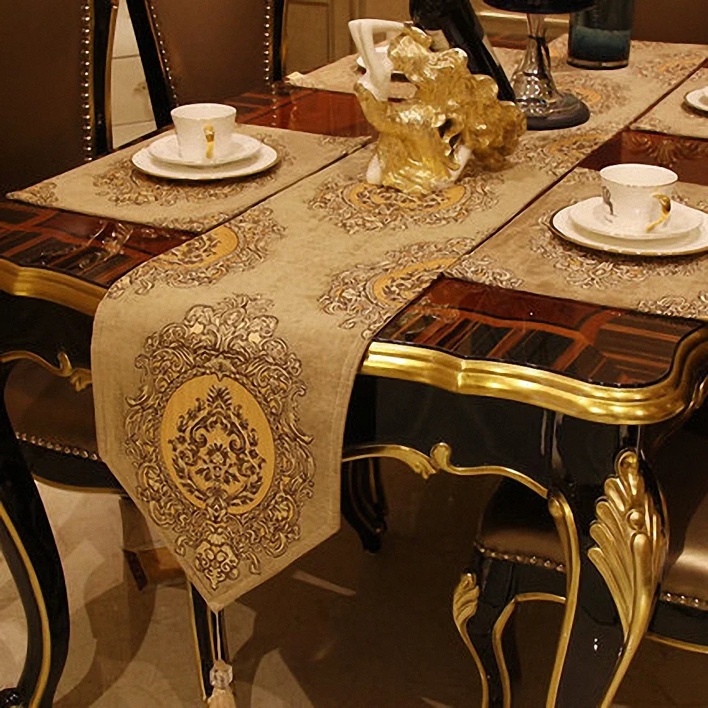 Brown Luxury Jacquard Table Runner High Density 3D Embroidery Tablecloth Table Cover European Classical Dining Table Decoration