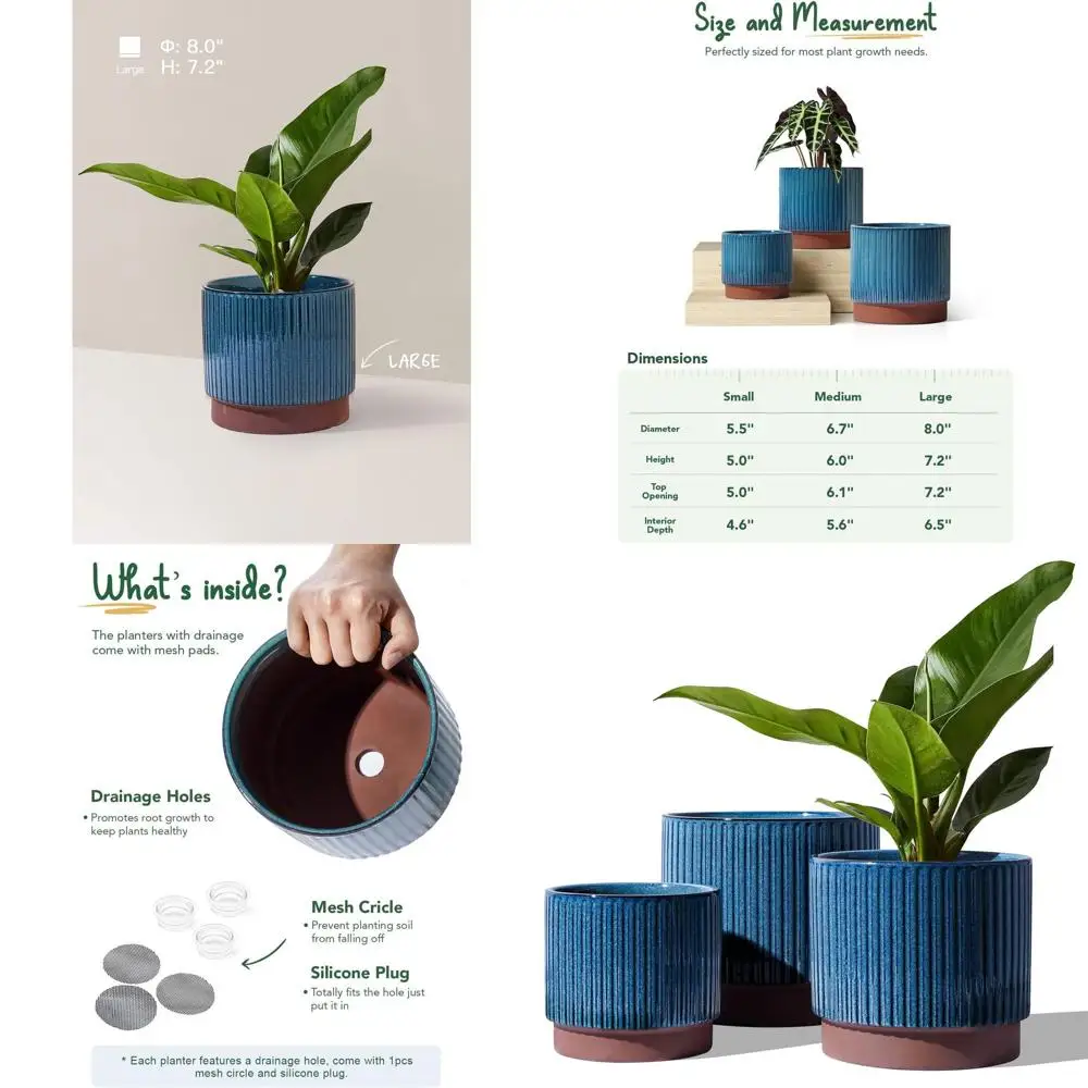 

Set of 3 Blue Ceramic Plant Pots, 8, 6.7, and 5.5 Inches, with Drainage for Indoor Plants