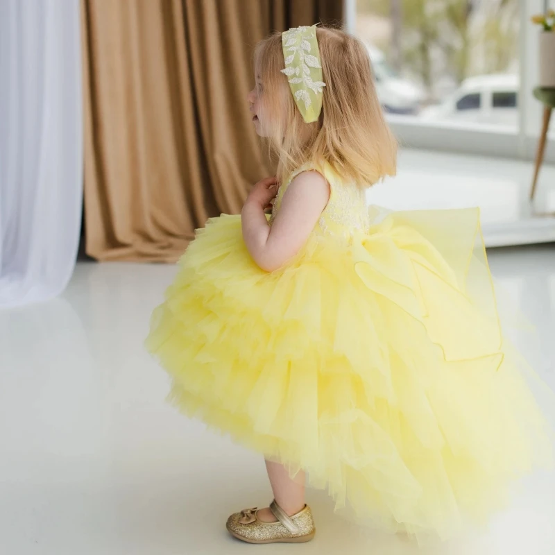 Yellow Flower Girls Dresses Tulle Tiered Appliques With Bow Sleeveless For Weddings Birthday Party First Communion Gowns