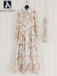 AELESEEN Autumn Winter Long Dress For Women Lantern Sleeve Turn-down Flower Print Hollow Out Pink Blue Beading Belt Elegant