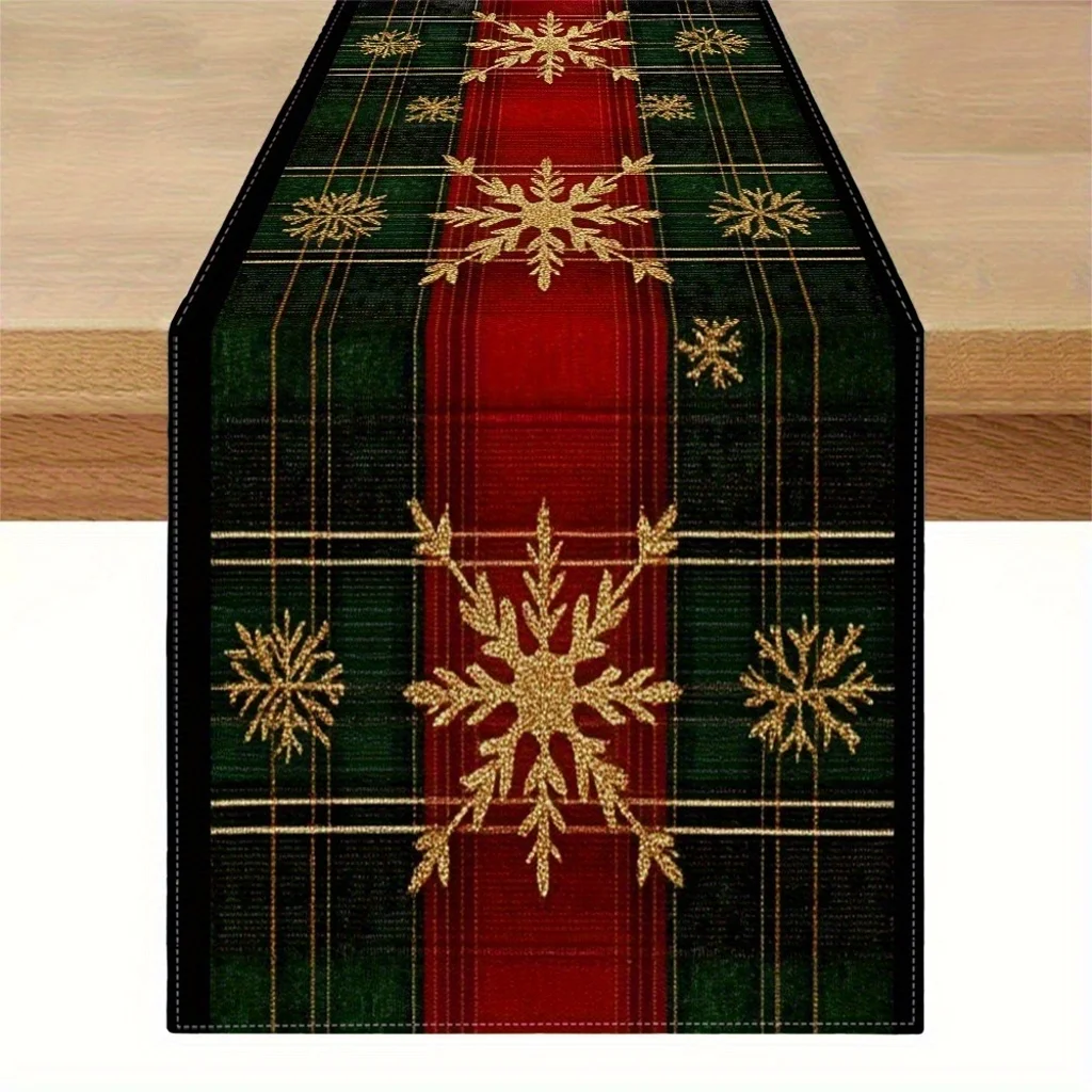 

Tartan Christmas Table Runner | Red & Green Plaid with Golden Snowflake | Festive Decor for Family Gatherings & Friend Parties