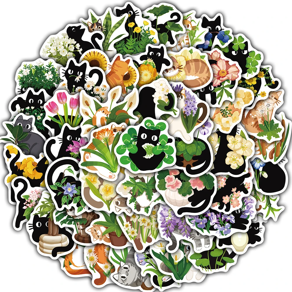 50PCS Cats And Plants Sticker Personalized Phone Gift Waterproof Skateboard Scrapbook PVC Fridge Notebook Cartoon Sticker