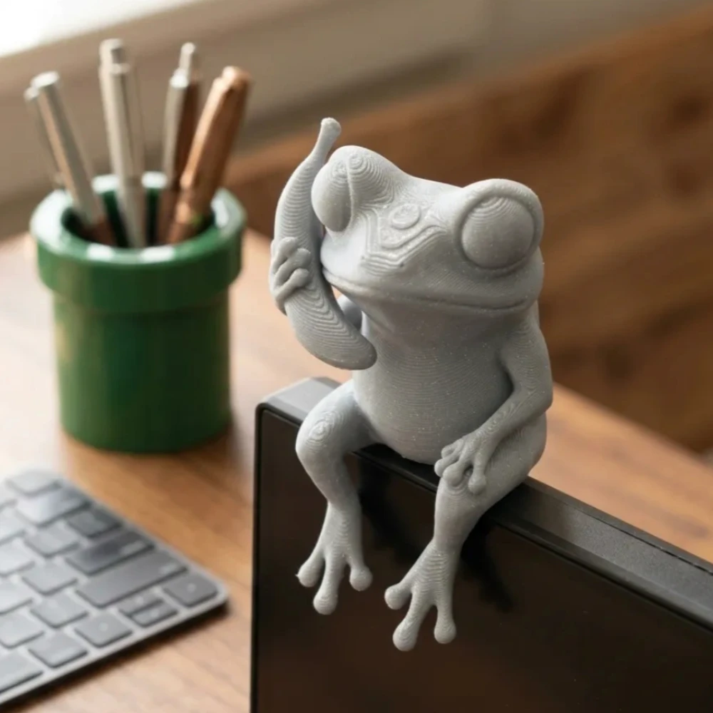 3D Printed Banana Frog Monitor Buddy Figurine Edge Hugger Screen Sitter Decor Frog Model Desktop Edge Hugger Screen Sitter