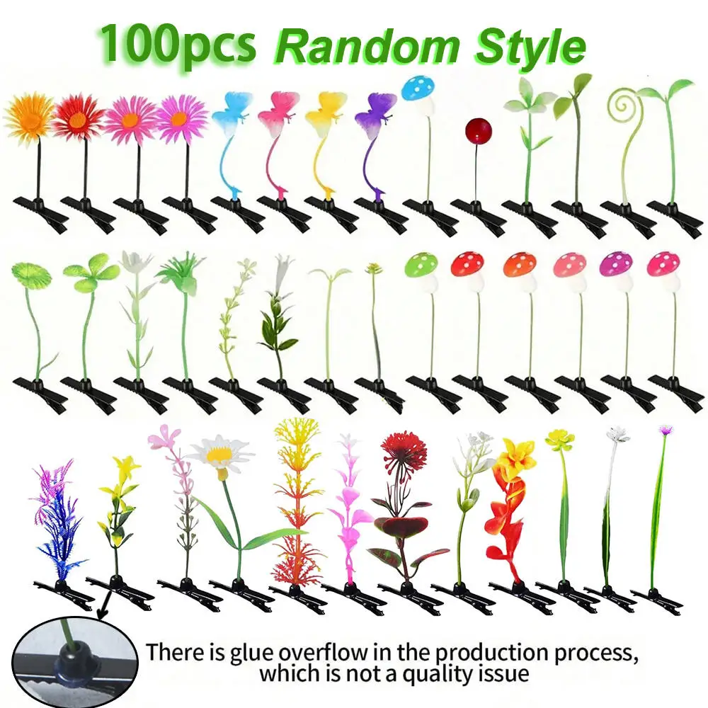 100 Stück Unisex Lustige Simulierte Gras-Haarspangen Niedliche Schmetterling-Pilz-Blumen-förmige Party-Haaraccessoires – Detail 8
