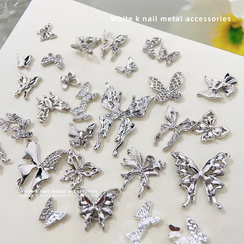 Large Butterfly Wing Nail Art Accessories, Light Luxury Three-Dimensional Bow Hollow Metal White K Butterfly Nail Rhinestones