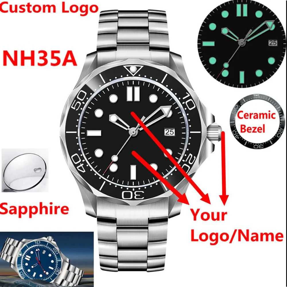 Custom Logo NH35 Watch 41mm Sapphire sterile Dial Men\'s Watches Ceramic Bezel Luminous 10Bars Automatic Mechanical Wristwatch