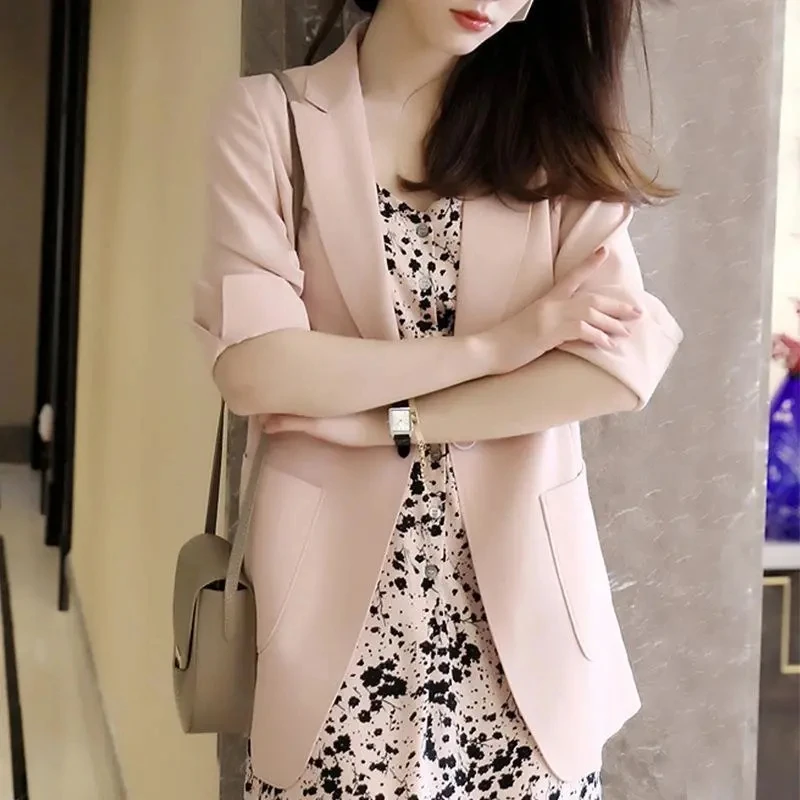 Lose Dünne frauen Anzug Mode Solide Halb Hülse Rosa Blazer Mantel + Chiffon Floral Schlinge Kleid 2 Stück Set blazer Frauen