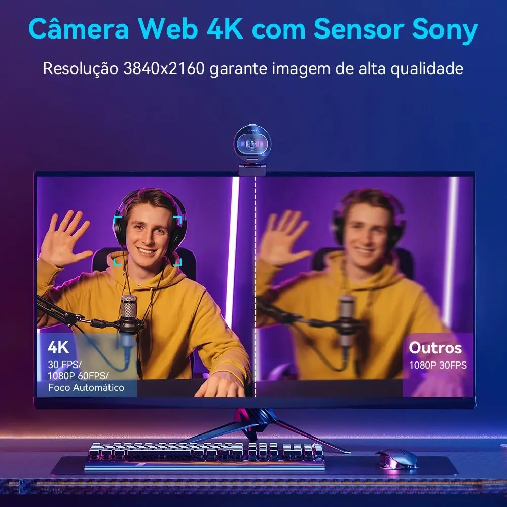 Comparativo de imagem de webcam na tela de um computador mostrando a nitidez do sensor Sony 4K contra uma câmera comum.
