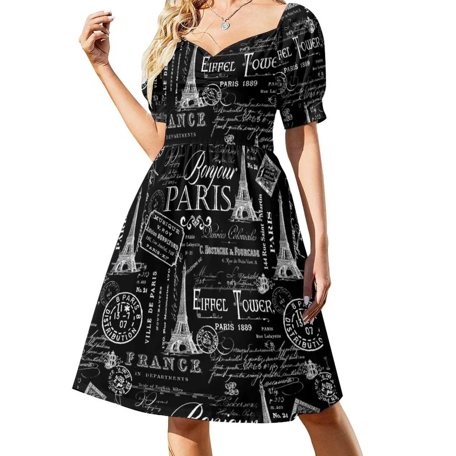 

Vintage Paris French Lifestyle With Eiffel Tower Black And White Allover Pattern Short Sleeved Dress