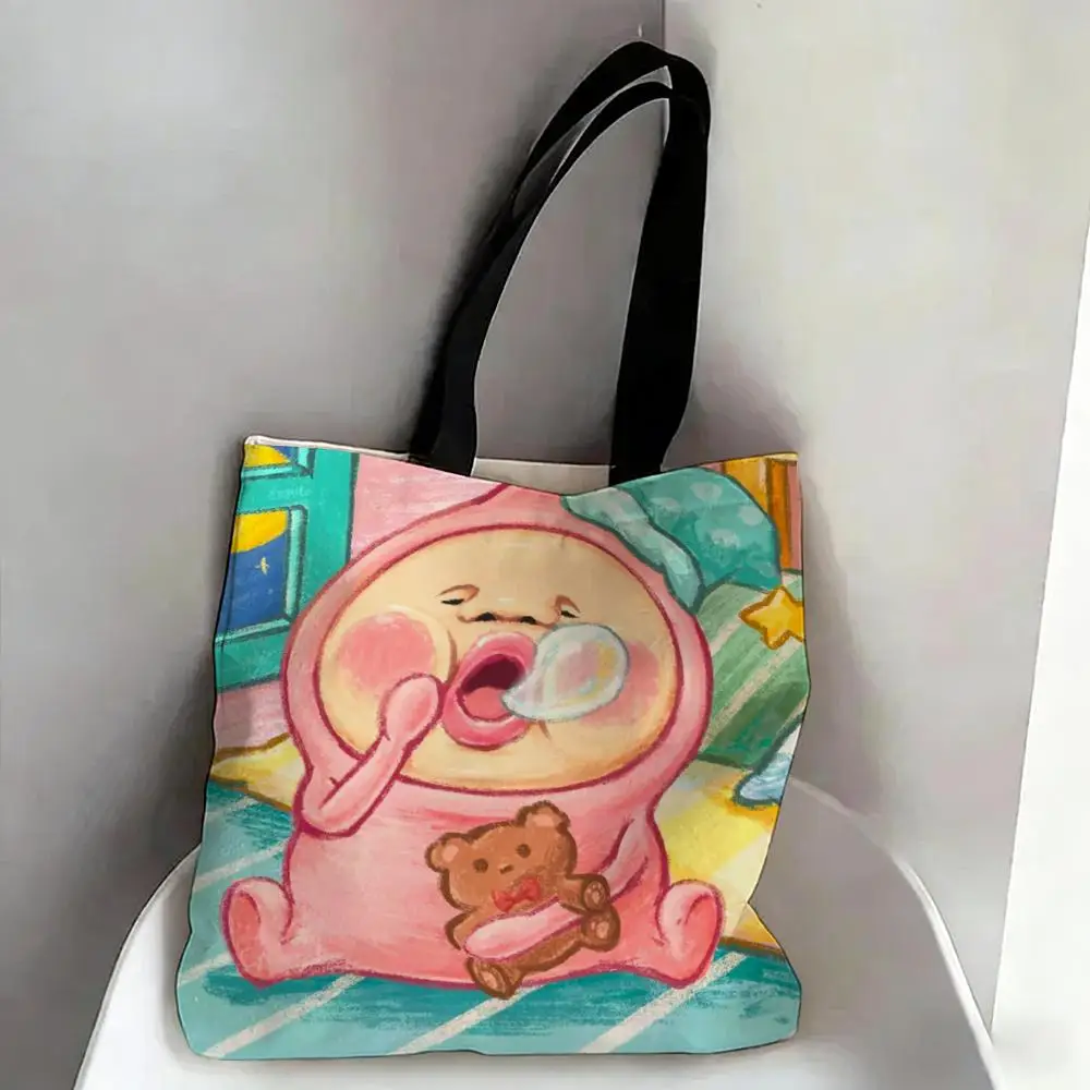 Funny K-Kobito Zukan Peach Storage Bags Canvas Double-Sided Print Fashion Shoulder Tote Shopping Bag Gift Eco Handbags