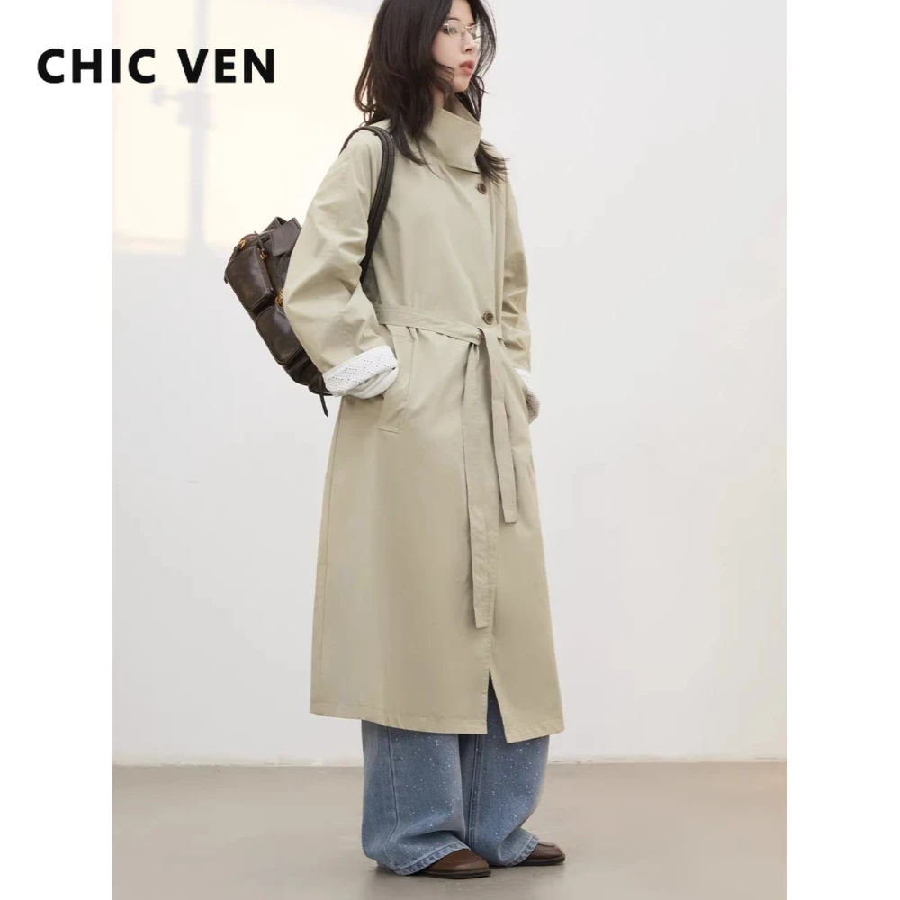 

CHIC VEN Новое модное женское длинное пальто-тренч свободного кроя для офиса, с поясом и вязаной шалью, весна-осень 2026, одежда для девушек