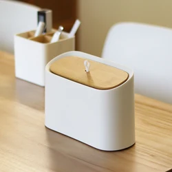 Desktop Trash Bin Living Room Sorting Storage Bucket Household Kitchen Garbage With Lid Bamboo Cover Bedroom Mini Paper Bask