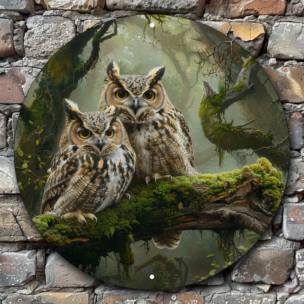 2D Flat, 1pc Vintage-Style Whimsical Owl Couple on Mossy Branch Round Metal Wall Art - 8x8 Inch (20x20cm) Outdoor/Indoor Decor,